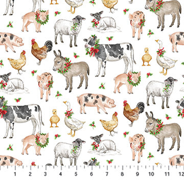 Barnyard Christmas by Northcott - 1/2 yard Animals White Multi
