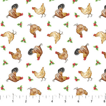 Barnyard Christmas by Northcott - 1/2 yard Chicken Toss White Multi