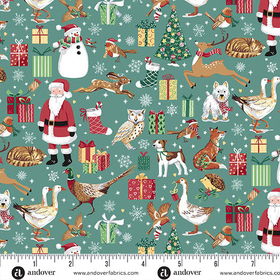 Country Christmas by Makower UK for Andover - 1/2 yard Friends Teal