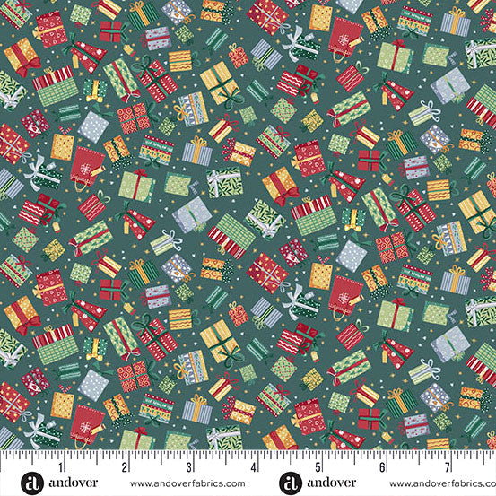 Country Christmas by Makower UK for Andover - 1/2 yard Presents Green