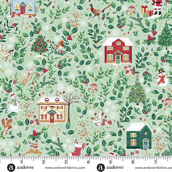 Country Christmas by Makower UK for Andover - 1/2 yard Cottages Green