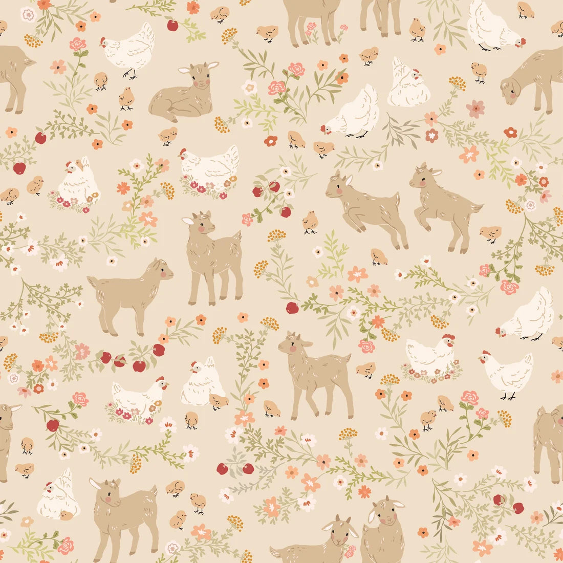 Primrose & Parsley by Poppie Cotton - 1/2 yard Barnyard Babies Beige